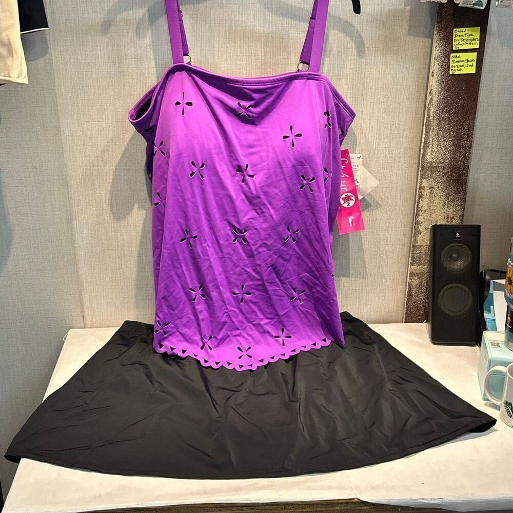 NEW Fit 4 U Tankini Swim Skirt Two-Piece Swimsuit Sz 26W Purple Black Skort Adju